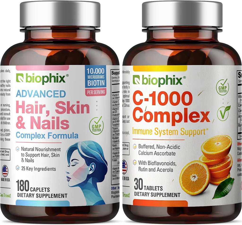 Hair Skin and Nails Complex 180 Caplets with 10000 mcg Biotin - Free Vitamin C-1000 30 Tablets - Multivitamin Supports Strong Nails Beautiful Hair Healthy Aging