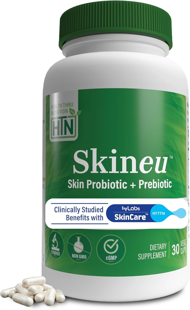 Health Thru Nutrition Skineu - Skin Probiotic + Prebiotic | Supports Skin Hydration & Elasticity | Clinically Studied Ingredients |3rd Party Tested, Non-GMO & Gluten-Free | 30 VegeCapsules