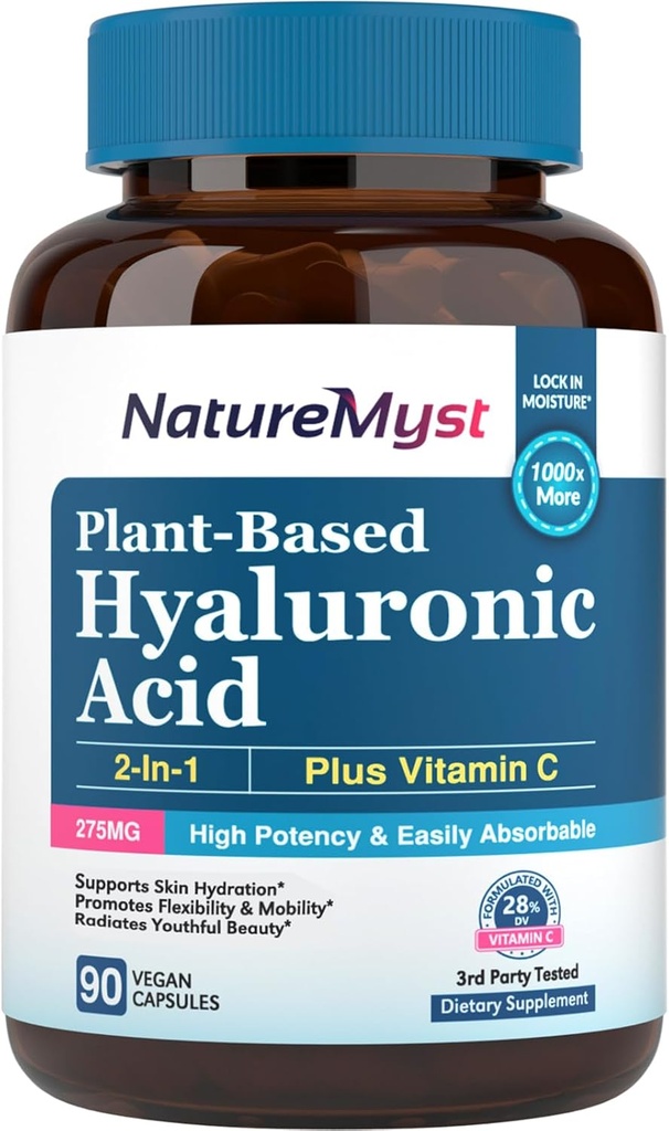 Hyaluronic Acid Supplement, with Vitamin C, 250mg Plant-Based HA, 90 Vegan Caps, for Skin & Eyes, Collagen Production, Easily Absorbable
