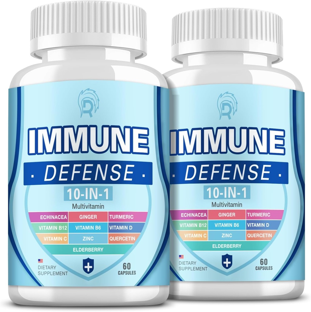 Immune Support Supplement, 10-in-1 Immune Defence with Vitamin C,B6,B12,VIT D, Zinc, Echinacea Turmeric Elderberry Immune Boosters for Adult - 120 Capsules(2 Pack)