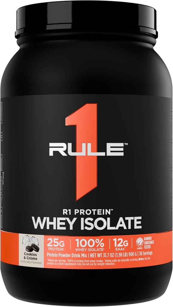 Rule 1 R1 Protein Whey Isolate - with 25g Protein & 6g BCAA Exclusively from Isolated & Hydrolyzed Sources for Workout Recovery (2 Pounds*, Cookies & Crème)