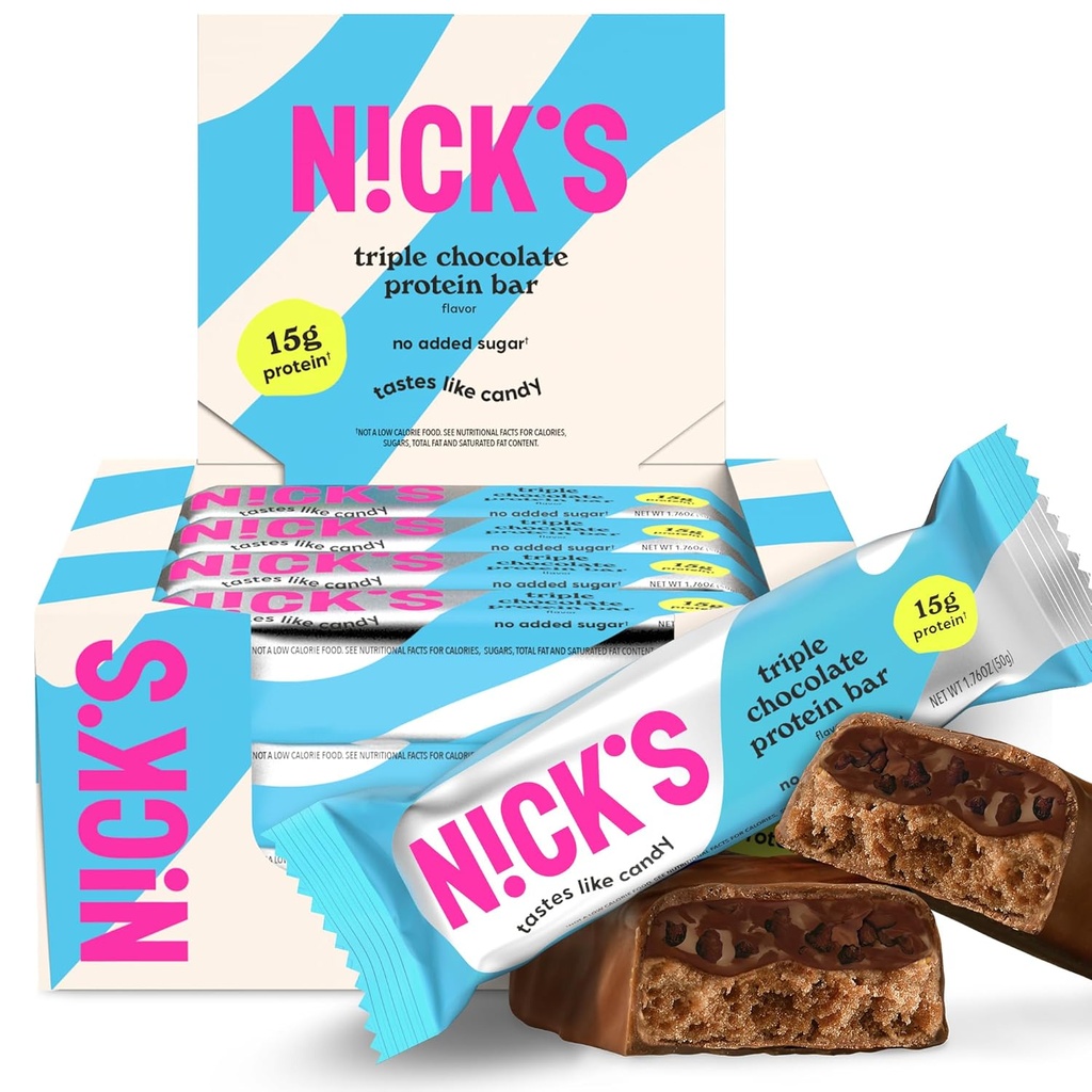 Nick’s Triple Chocolate Protein Bars – 12-Count Box | High Protein, Low Calories, Low Carbs, Keto Friendly, No Added Sugar
