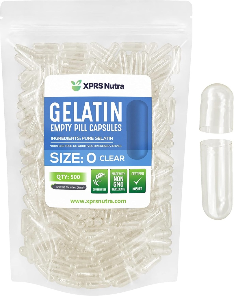 XPRS Nutra Size 0 Empty Capsules - 500 Count Clear Empty Gelatin Capsules - Pills for DIY Capsule Filling - Fillable Pure Bovine Pill Gel Caps for DIY Supplements