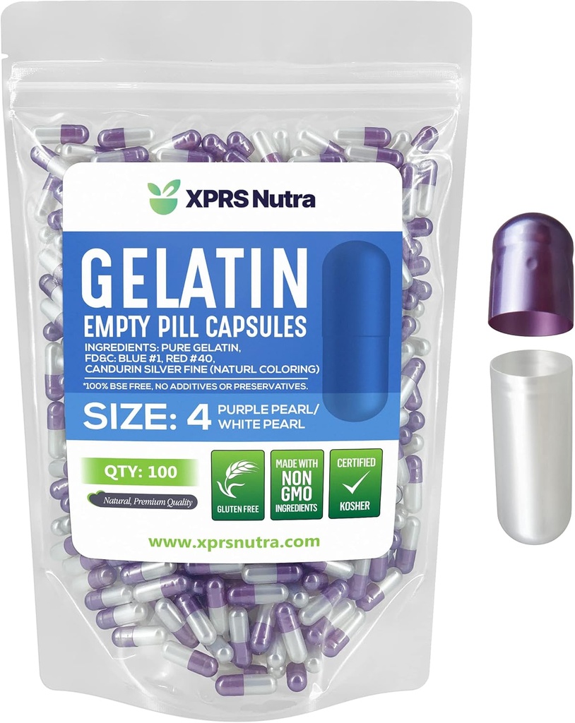 XPRS Nutra Size 4 Empty Capsules - 100 Count Small Empty Gelatin Capsules - Pills DIY Capsule Filling - Fillable Pure Bovine Pill Gel Caps for Do-It-Yourself Supplements (Pearl Purple/White)