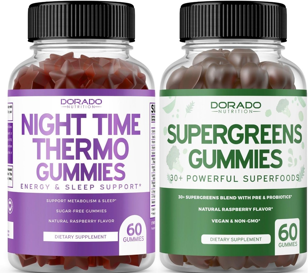 Night Time Fat Burner Gummies (60 Count) - Weight Loss & Metabolism Sugar-Free Melatonin Supplement and Supergreens Gummies (60 Count) - Greens Supplements Immunity Support - Non GMO & USA Made