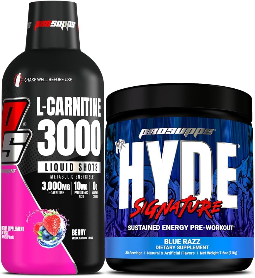 PROSUPPS L-Carnitine 3000 Stimulant Free Liquid Shots (31 Servings, Berry) and Mr. Hyde Signature Series Pre-Workout Energy Powdered Drink (30 Servings, Blue Razz) Bundle