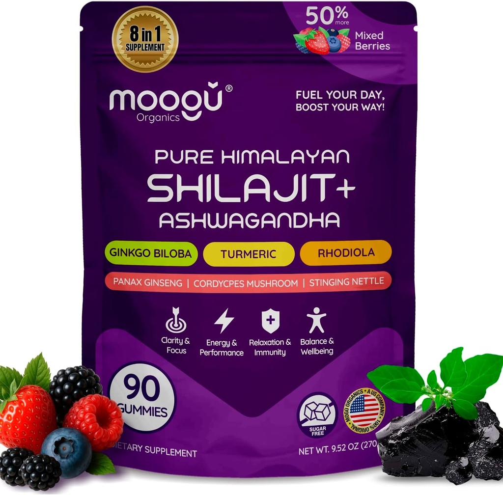 18,000mg Pure Himalayan Shilajit (90 Gummies) Ashwagandha, 75% Fulvic Acid & 85+ Trace Minerals I Men, Women I Panax Ginseng, Rhodiola, Turmeric, Gingko Biloba, Cordyceps, Stinging Nettle.