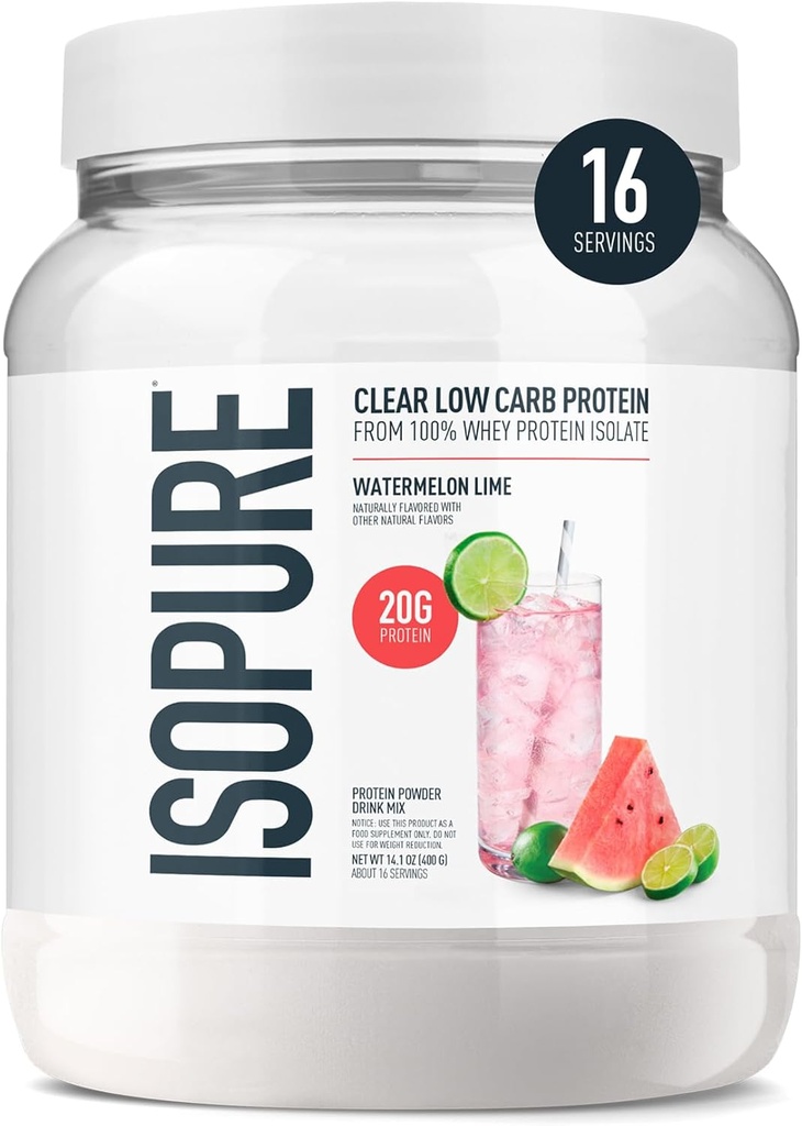 Isopure Clear Whey Isolate Protein Powder, Lactose Free, Gluten Free, Naturally Flavored, Watermelon Lime, 20g Protein Per Serving, 14.1 Oz, 16 Servings (Packaging May Vary)