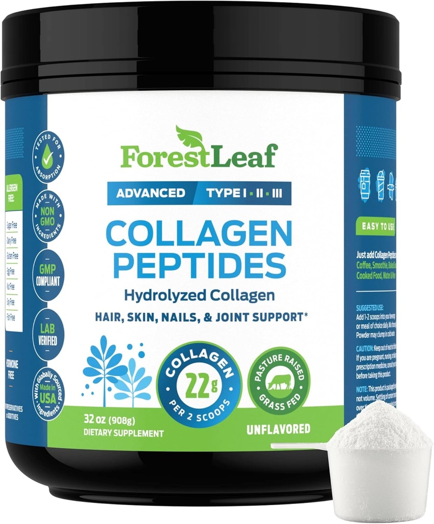 Collagen Peptides Powder Unflavored - Hydrolyzed Collagen Protein Powder Type 1, 2 & 3 - Grass Fed Keto Collagen Powder for Women & Men - Vital Hair, Skin, Nails, Joints, Recovery, 11g Per Serving