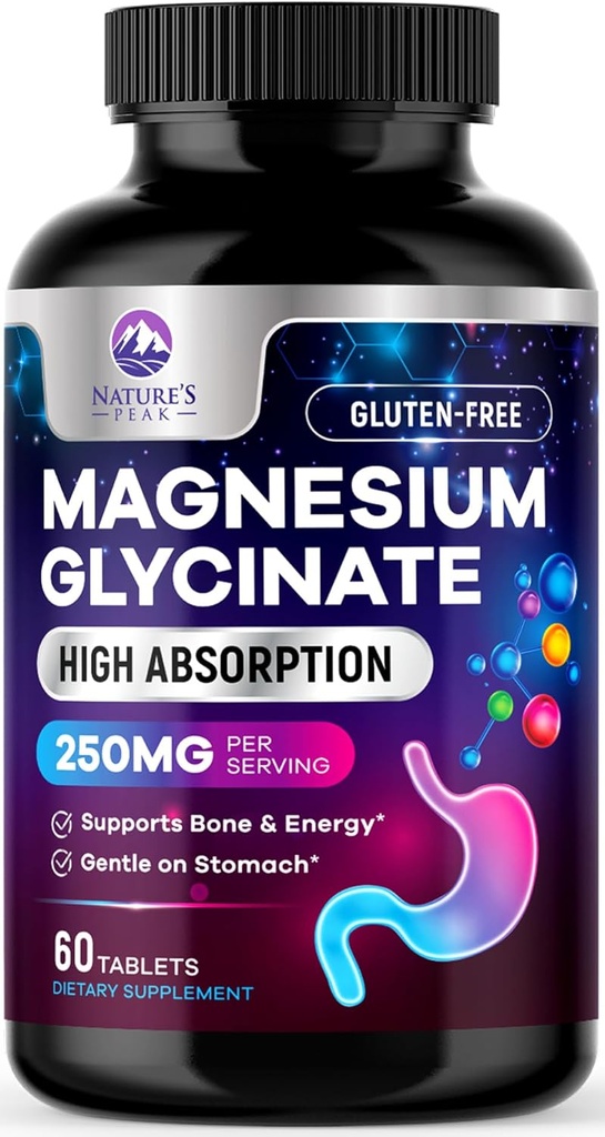 Magnesium Glycinate Chelated for Max Absorption - Supports Bone, Muscle, Nerves & Heart Health, Nature's Sleep and Stress Support, Best Magnesium Supplement Pills for Whole Body Support - 60 Tablets