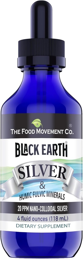 The Food Movement Co. Black Earth Silver 20ppm 4 oz Dropper - Vegan Colloidal Silver Liquid with Humic and Fulvic Acids and Trace Minerals for Digestion, Immune Support, and Whole Body Health