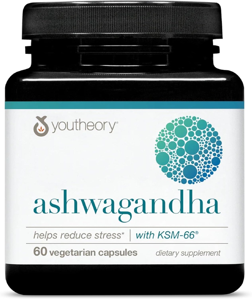 Youtheory Ashwagandha - 1,000 mg - Energy, Sleep, Stress & Cortisol Support Supplement - Adaptogenic Herbal Blend with Organic KSM-66 Ashwagandha & Ginger - 60 Vegetarian Capsules (30-Day Supply)