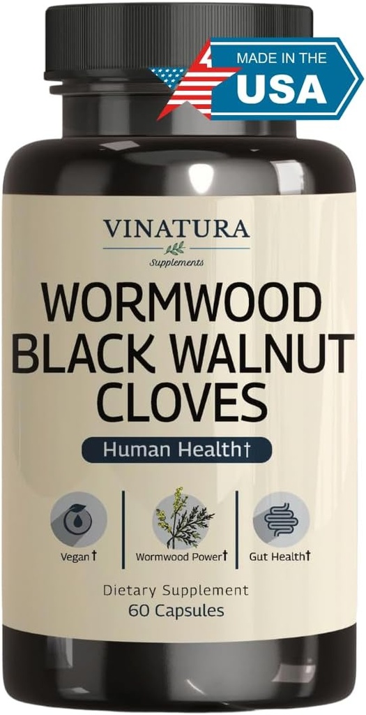 VINATURA Wormwood Black Walnut Clove Capsules - Cleanse, Detox, Intestinal Guard Formula Supplement for Humans, with Wormwood herb, Black Walnut Extract Combination, 60 Capsules