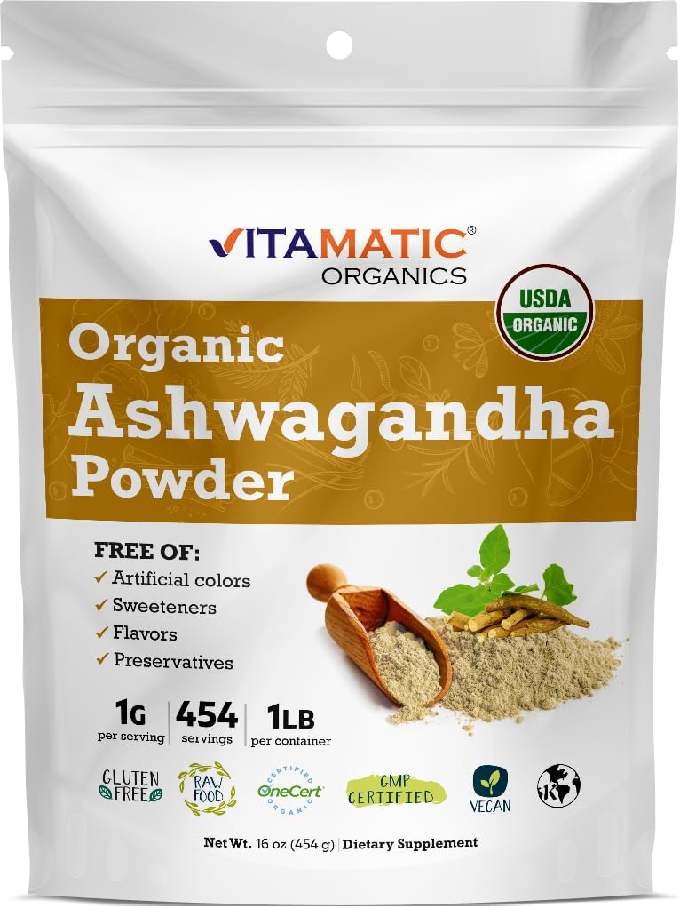Vitamatic Certified USDA Organic Ashwagandha Powder – 1 lb (16 oz) Withania Somnifera | Ayurvedic Adaptogen for Stress Relief, Energy, Mood & Immune Support