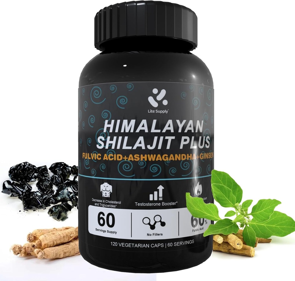 Shilajit Himalayan Supplement 60% Fulvic Acid, 120 Vegan Capsules Supply with Pure Natural Shilajit, Ashwagandha, Ginseng Extract - High in Trace Minerals for Men Energy Support