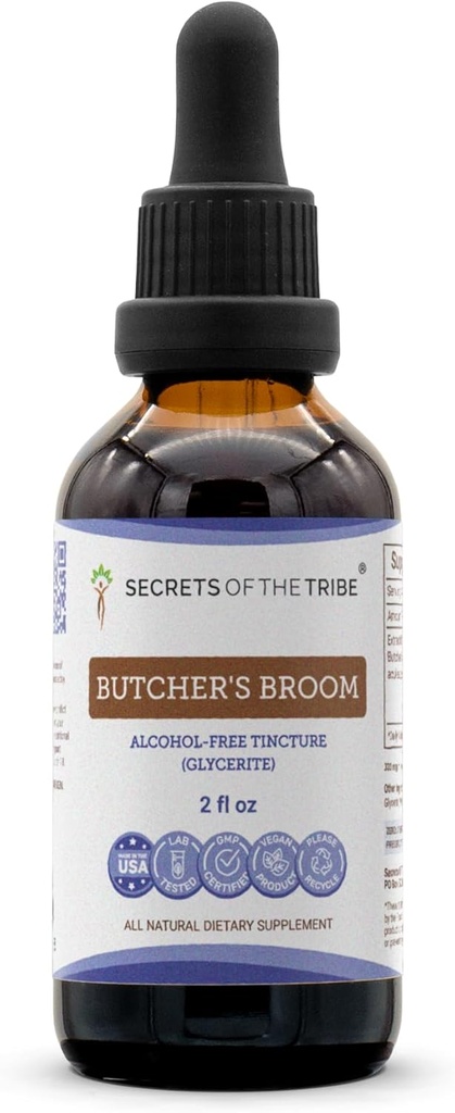 Secrets of the Tribe Butcher's Broom Alcohol-Free Liquid Extract, Butcher's Broom (Ruscus aculeatus) Dried Root Tincture Supplement (2 FL OZ)