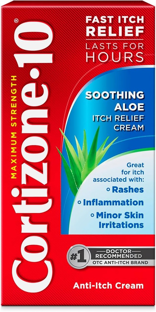 Cortizone-10 Maximum Strength Soothing Aloe Itch Relief Cream, 1% Hydrocortisone, Fast-Acting, Anti-Itch Cream for Bug Bites, Rash, Eczema, Psoriasis, Poison Ivy, Oak, Sumac & More, 1 oz