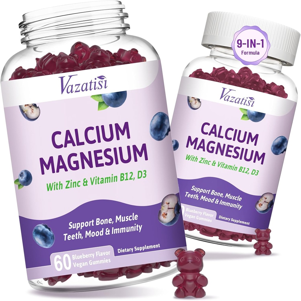 2 Pack Calcium Magnesium Zinc Gummies with Vitamin D3 & B12, Sugar Free Calcium Supplements for Women Men, Vegan Blueberry Flavor
