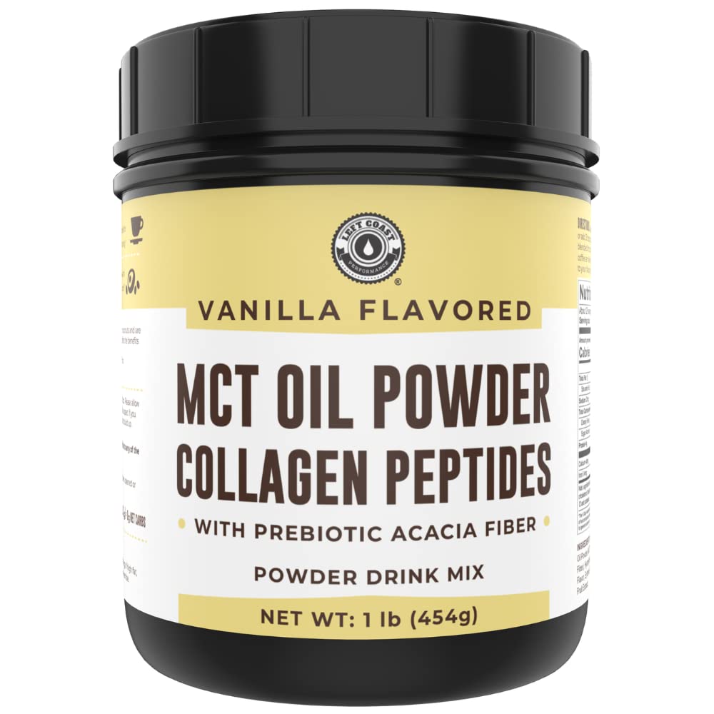 MCT Oil Powder with Acacia Fiber & Collagen Peptides – Prebiotic Collagen Protein, 10g MCTs from Coconuts, Sugar Free Keto Coffee Creamer – Grass Fed, Vanilla Flavor, Non-GMO, Gluten Free, 16 oz