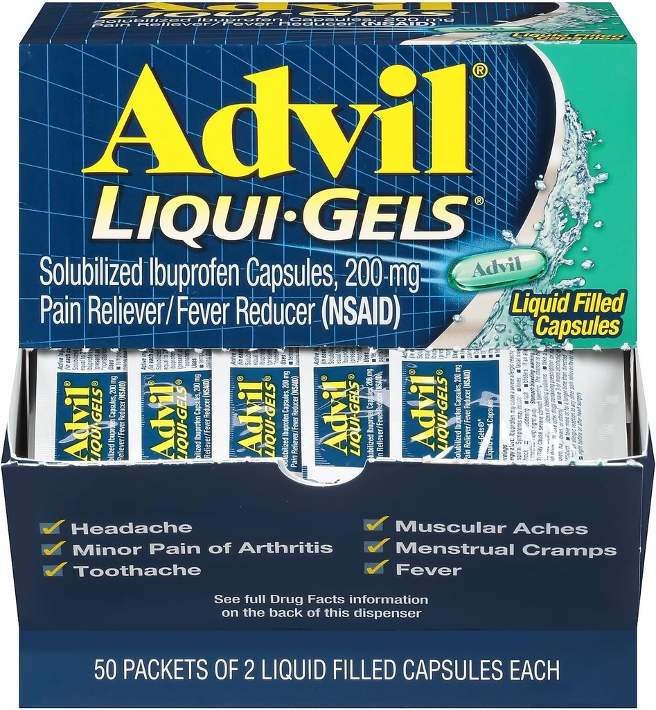 Advil Liqui-Gels Pain Reliever/Fever Reducer, Solubilized Ibuprofen 200mg, 2/Packet, 50 Packets/Box (016902)