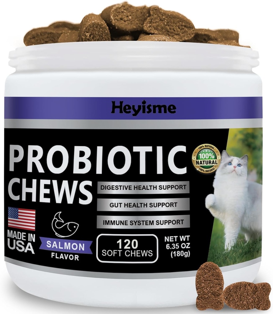 Cat Probiotic, Chews for Gut and Immune Health, Cats Probiotic Supplement for Cat Digestive Support, Healthy Digestion, Cat Constipation and Diarrhea Relief (120 Pills, Salmon)