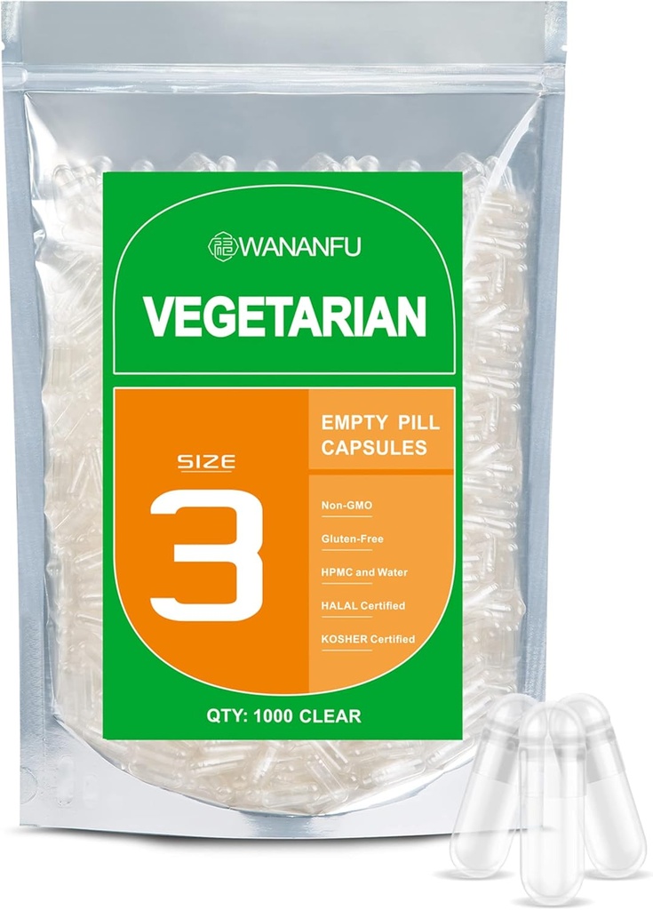 wananfu Size 3 Empty Capsules Vegetarian (1000 Count), Clear Fillable Veggie Pill Capsules Size 3 for Making Your Own Supplements