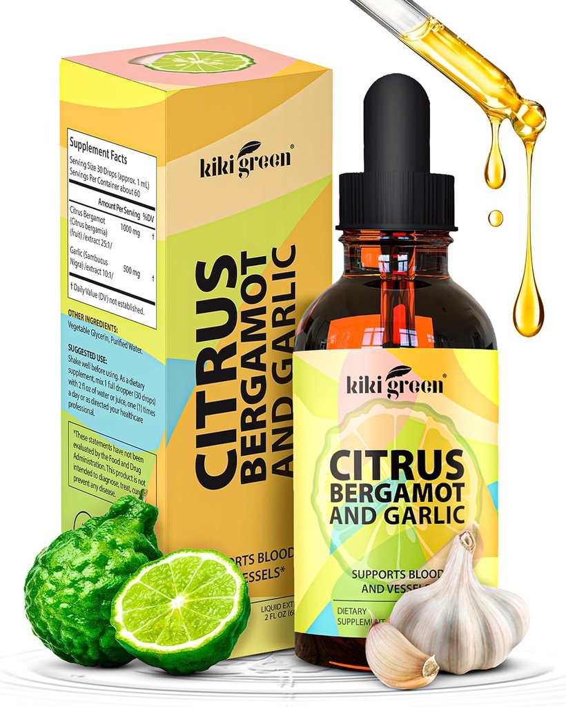 KIKI Green Liquid Citrus Bergamot & Garlic Extract - Citrus Bergamot Supplement for Heart Health, Immune System Support and Healthy Aging Non-GMO, Gluten-Free Supplement 2 Fl Oz.