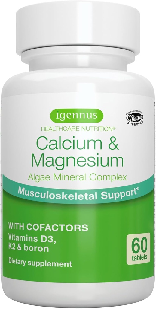 Igennus Algae Calcium & Magnesium Supplement, Plant Based, High Absorption, K2 & D3, Non-GMO Red Algae Mineral Complex for Bone & Teeth Support, for Women and Men, with Boron, Vegan, 60 Tablets