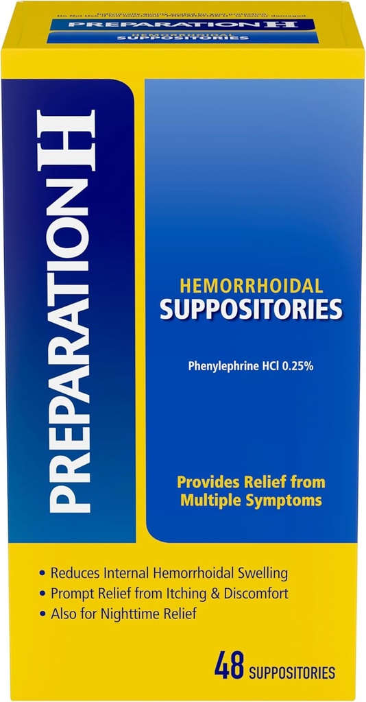 PREPARATION H Hemorrhoid Symptom Treatment Suppositories, Burning, Itching and Discomfort Relief (48 Count)