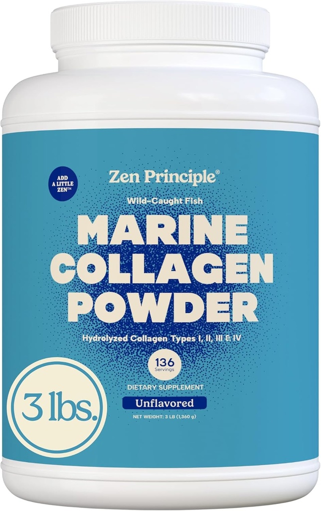 Zen Principle Marine Collagen Peptides Powder 3lb. Wild-Caught Fish, Non-GMO. Supports Healthy Skin, Hair, Joints, and Bones. Hydrolyzed Type 1 & 3 Protein. Amino Acids, Unflavored, Easy to Mix.