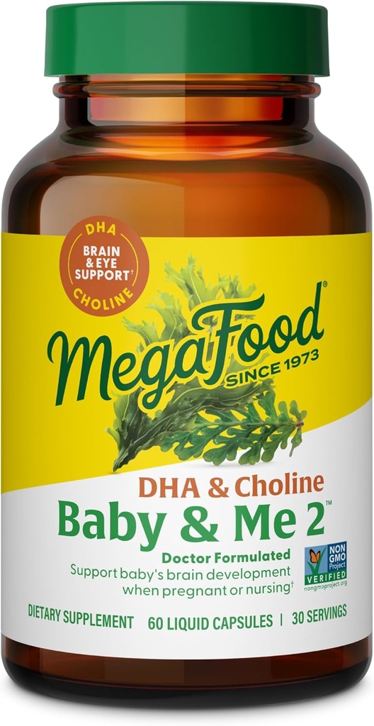 MegaFood Baby & Me 2 Prenatal Vitamins for Women, DHA & Choline Supplements, Liquid DHA and Choline for Baby's Brain and Eye Development During Pregnancy, Vegan, 60 Capsules (30 Servings)