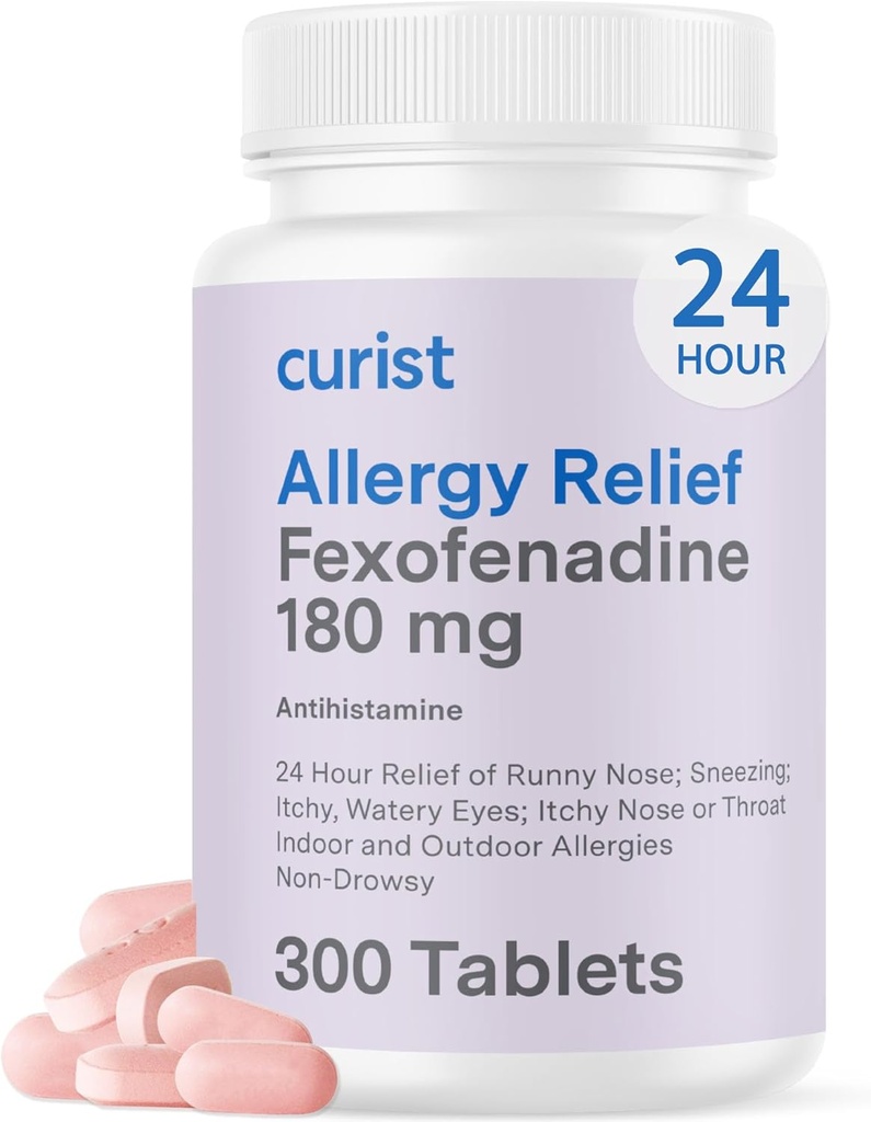 Curist Fexofenadine Hydrochloride 180mg (300 Tablets) - 24 HR Antihistamine Allergy Relief Tablets (300 Count) All Day Strength Generic Fexofenadine Bulk Non Drowsy Allergy Relief