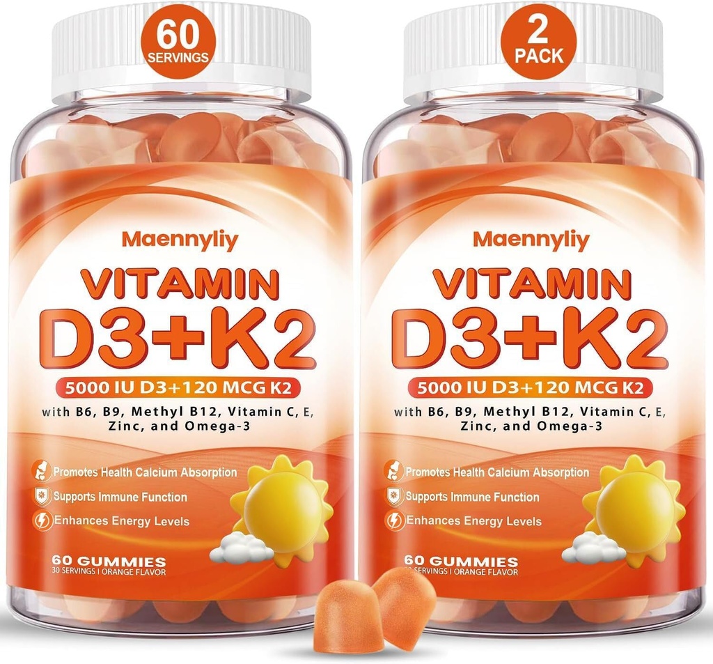 Vitamin D3 K2 Gummies for Adults - Vitamin D3 5000IU + K2 (MK-7) 120mcg - Sugar-Free D3 and K2 Supplements with Omega-3, Methyl B12, B9, B6, Vitamins E & Zinc - for Calcium Absorption & Immune Health