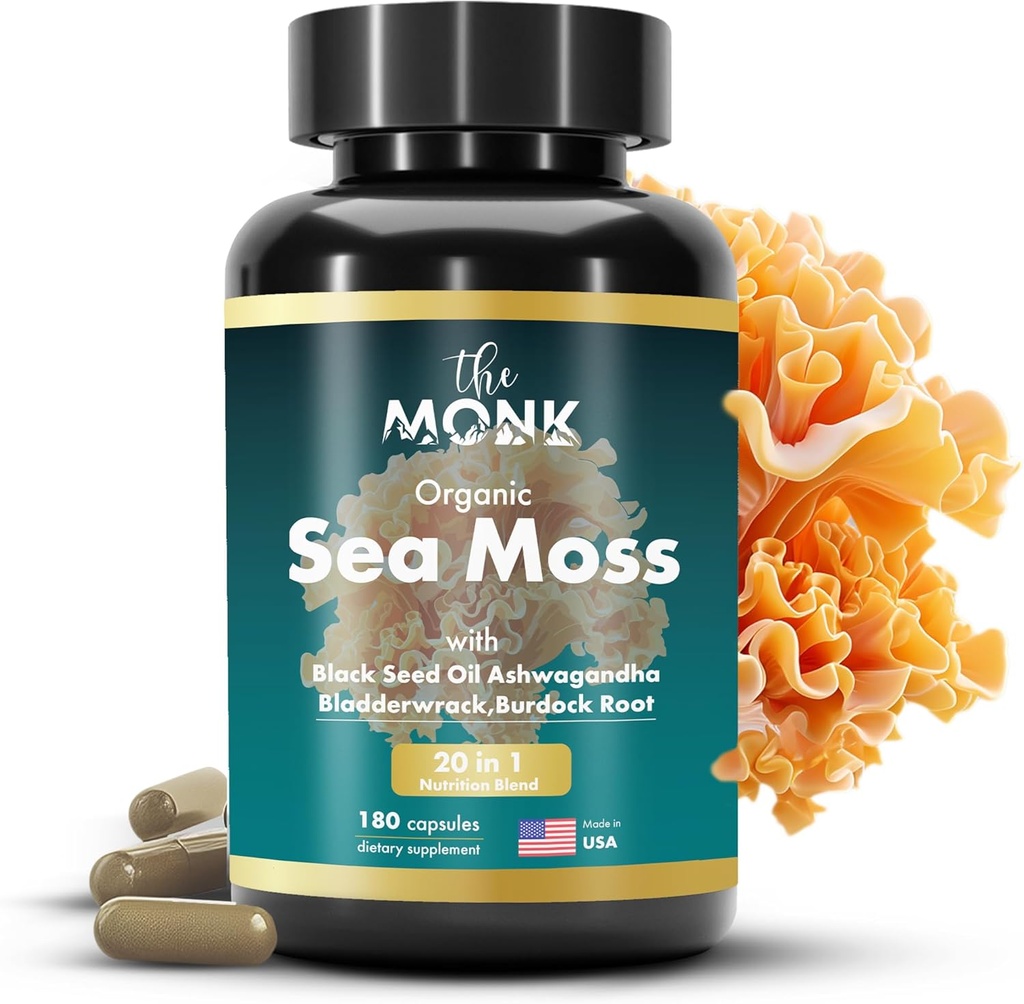 Organic Irish Sea Moss Capsules - Advance Formula, Raw Wildcrafted Seamoss Supplement with Bladderwrack and Burdock Root - 180 Pills - Made in The USA