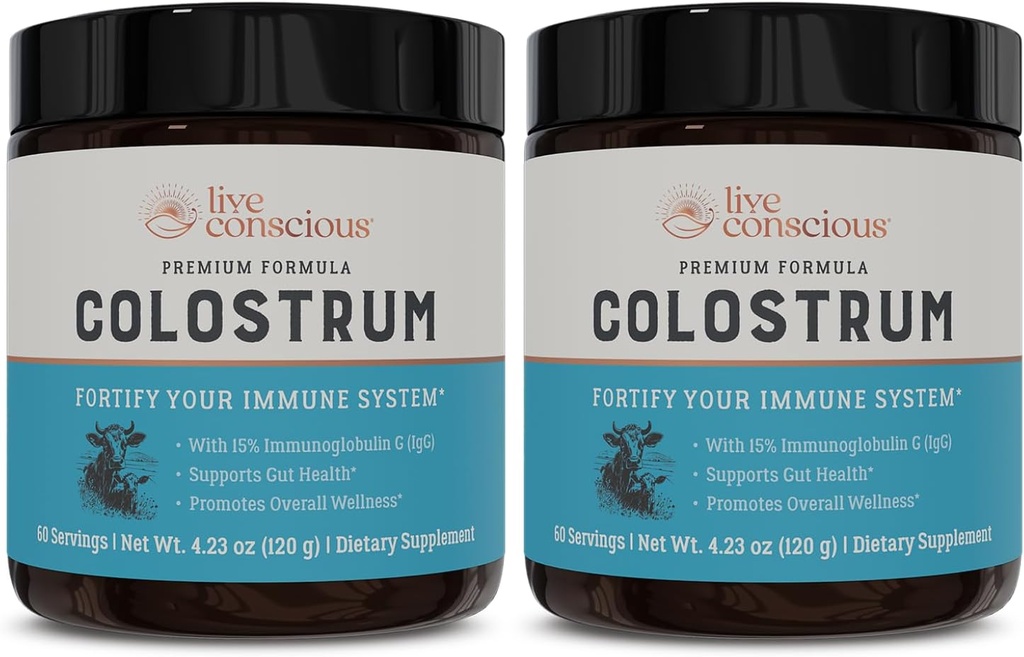 Live Conscious Colostrum Powder - Grass Fed Bovine Colostrum Supplement with Lactoferrin for Iron Absorption - Immune System Supplement (2-Pack)