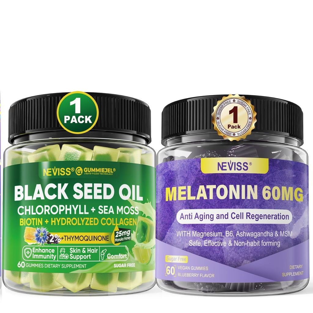 NEVISS Melatonin 60mg Gummies + Black Seed Oil Gummies