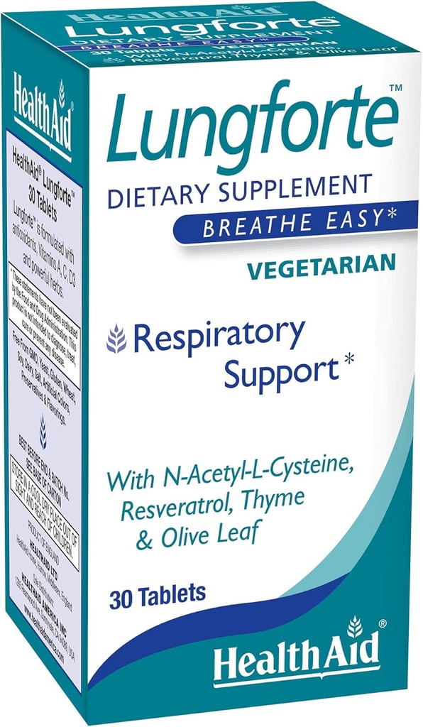HealthAid LungForte 30 Tablets – Daily Antioxidant Lung Support with NAC, Resveratrol, Olive Leaf, Thyme & Vitamins A, C & D3 – Vegetarian, Non‑GMO
