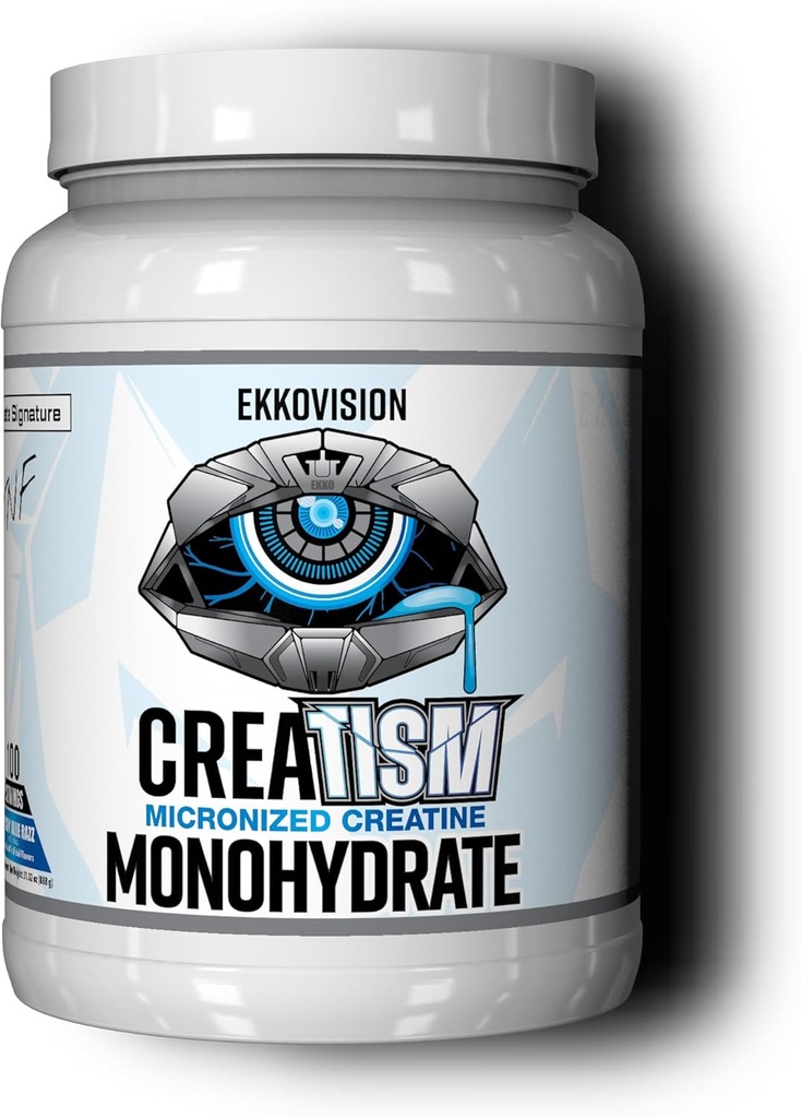 Ekkovision Creatine Monohydrate Powder, Micronized, Puckin' Blue Razz, Pre Workout & Post Workout Supplement for Men & Women, Energy Support, Easy to Mix in Shakes, Smoothies & Beverages, 100 Servings
