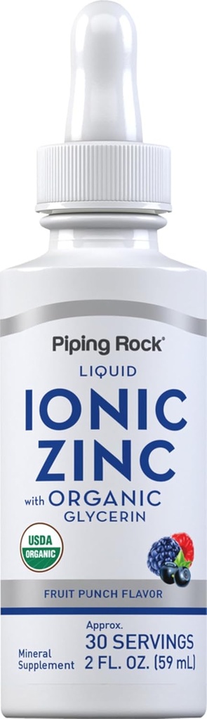 Piping Rock Liquid Zinc | Ionic Zinc Sulfate | with Organic Glycerin | 2 oz | Fruit Punch Flavor | Vegetarian, Non-GMO, Gluten Free Supplement