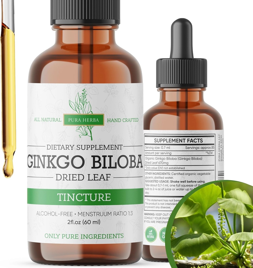 Ginkgo Biloba Extract Liquid 2 Fl Oz, Supplements for Brain Function and Memory Support, Alcohol Free, Vegan - 2 Fl Oz