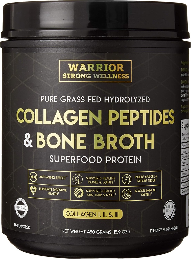 Premium Collagen Peptides Bone Broth Powder: Grass Fed Hydrolyzed Collagen Boost for Healthy Skin, Nails, Hair, Joints, Muscles, Bones, Digestion, Keto Friendly, Unflavored
