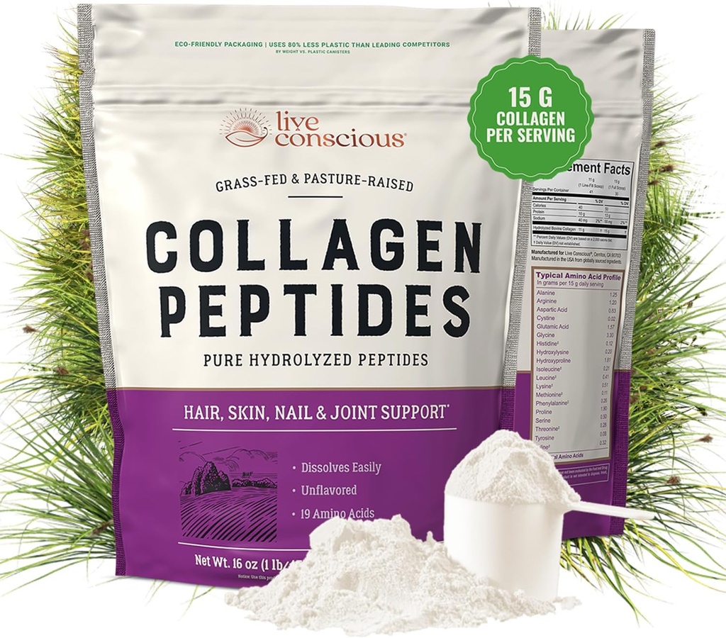 Live Conscious Collagen Peptides Powder - Naturally-Sourced Hydrolyzed Collagen Powder - Hair, Skin, Nail, and Joint Support - Type I & III Grass-Fed Collagen Supplements for Women and Men - 16oz