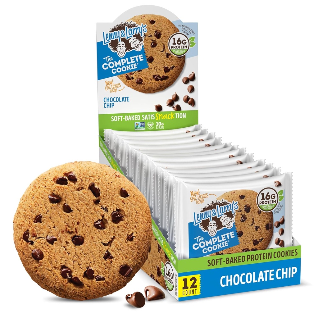 Lenny & Larry's The Complete Cookie, Chocolate Chip, Soft Baked, 16g Plant Protein, Vegan, Non-GMO, 4 Ounce Cookie (Pack of 12)
