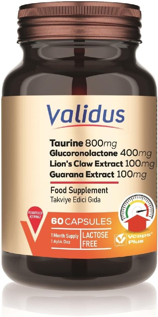 VALIDUS Taurine 800 mg + Glucoronolactone 400 mg + Lion's Claw Extract 100 mg + Guarana Extract 100 mg 60 Capsules
