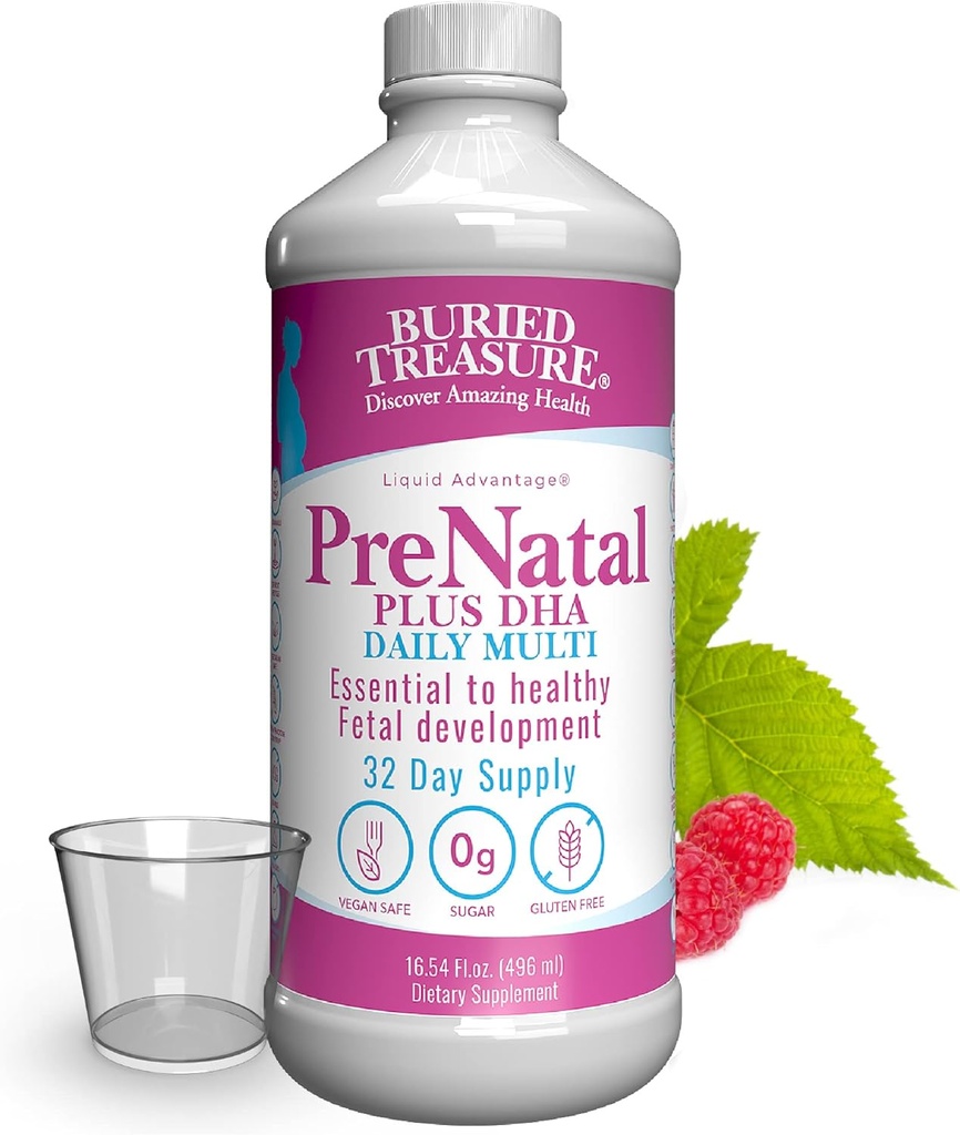 Buried Treasure Prenatal Plus DHA Complete, 16 oz Orange Banana Flavor, High Potency Liquid Formula Supplement for Before, During, Post Pregnancy, Natural DHA Omega3 Iron Vegetarian Safe w/Dose Cup