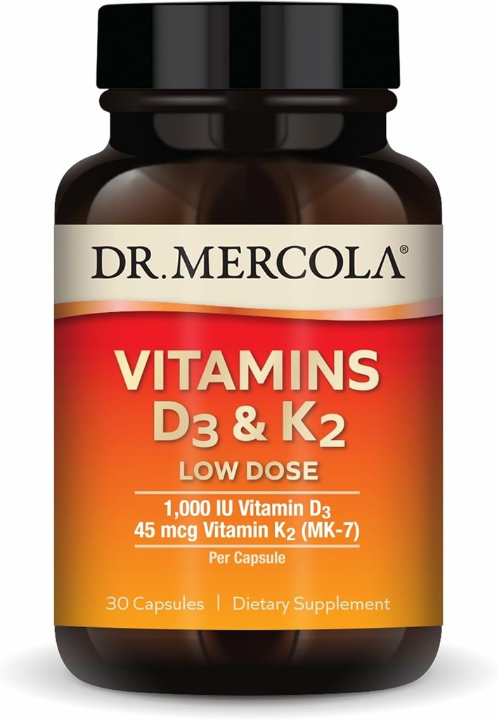 Dr. Mercola Vitamins D3 & K2 Low Dose - Maintain Vitamin D Levels - Supports Immune & Bone Health - MenaQ7 Chickpea-Sourced K2 - Non-GMO, Gluten-Free & Soy-Free - 30 Capsules (30 Servings)