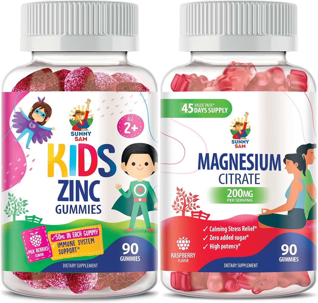 Magnesium Gummies for Adults & Zinc Gummies for Kids & Adults. 200mg - Calm Magnesium Chews - Magnesium Citrate Chewable Supplement for Mood & Muscle Support. Zinc Chewable Gummy for Immune Support -
