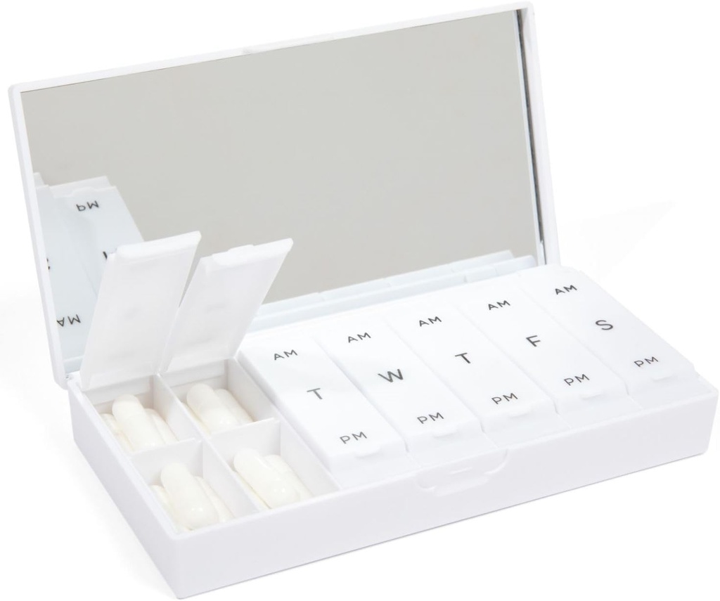 PORT X POLISH Designer Weekly Pill Box Organizer (AM/PM 2X Daily, Crisp White) | Compact, Stylish 7-Day Vitamin Supplement Case | Cute Portable Mini Travel Medicine Carrier | BPA-Free Pillbox Caddy