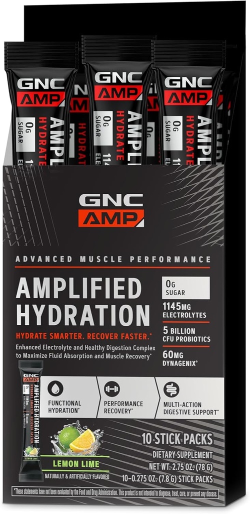 GNC AMP Amplified Hydration Electrolyte Powder Drink Mix | Enhanced Electrolyte & Healthy Digestion Complex | Lemon Lime | 10 Count