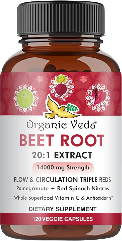 Organic Veda Beet Root Capsules - Triple Reds Nitric Oxide Beets Supplements - Concentrated Nitrates and Vitamin C Blend of Beet Root Extract, Red Spinach, Pomegranate, Black Pepper - 120 Capsules